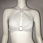 cheap Sexy Costumes-Metallic Sparkle Sexy Crop Tank Top Sheer Mesh Rhinestone Cover Up Disco Solid Color Deep V Women&#039;s Carnival Party Club Adults&#039; Tank Top