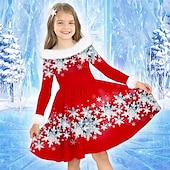 cheap 3D Shining Vision Dress-Girls&#039; 3D Snowflake Dress Long Sleeve 3D Print Fall Winter Sports &amp; Outdoor Daily Holiday Cute Casual Beautiful Kids 3-12 Years Casual Dress Swing Dress A Line Dress Above Knee Polyester Regular Fit