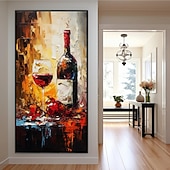 cheap Still Life Paintings-Bottle of Wine Painting Handpainted Glass of Wine Original Art Red Wine Home Room Wall Decor Kitchen Art  Modern Rolled Canvas No Frame