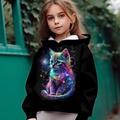 billiga Flickans 3D-djur-Flickor 3D Katt Huvtröja Pullover Långärmad 3D-tryck Höst Vinter Aktiv Mode söt stil Barn 3-12 år Huva Utomhus Ledigt Dagligen Normal