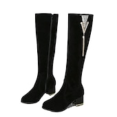 abordables Bottes à la mode-bottes hautes en faux daim noir pour femmes avec décoration à pompons en strass et talons épais – bottes de mode élégantes pour l&#039;automne et l&#039;hiver