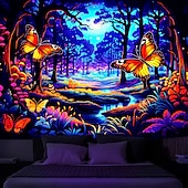 זול שטיחי קיר של Blacklight-blacklight שטיח uv תגובתי זוהר בחושך זוהר מסיבת ניאון פרפרי יער טריפי ערפילי תלוי שטיח קיר אמנות קיר לחדר שינה בסלון