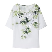 cheap Two Piece Sets-Women&#039;s 2 Pieces Basic Shirt Pants Sets Pants Trousers Half Sleeve Round Neck Floral Print Linen Like Holiday Weekend Army Green Blue Purple Fall &amp; Winter Regular Fit