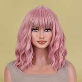 abordables Perruques Synthétiques Sans Bonnet-Perruques synthétiques ondulées longueur épaule avec frange pour femmes, à la mode pour un usage quotidien, cosplay de fête