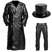 preiswerte Outfits-Set mit PU-Leder-Trenchcoat, gerades Bein, Motorradhose, Zylinder, Hut, Punk, Gothic, mittelalterlich, Steampunk, Pestdoktor, Herren, Reiter, Biker, lässig, täglich, Cosplay, Kostüm, Karneval,