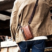 cheap Men&#039;s Bags-Sleek Brown Leather Vertical Sling Bag - Compact Men&#039;s Crossbody Bag with Multiple Zippered Pockets, Ideal for Daily Use and Travel