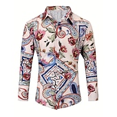 preiswerte Ethnisches Muster-Herren Hemd Knopfhemd Langarm Brautkleider schlicht Boho Freizeitskleidung Ausgehen Herbst Winter Umlegekragen Bedruckt Button-Down Schwarz Dunkelmarine Beige