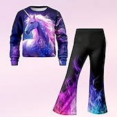 billiga Flickans 3D-tecknad film-Flickor 3D Blommig Häst Set Sweatshirt &amp; Flare Pants Set Långärmad 3D-tryck Höst Vinter Aktiv Mode Dagligen Barn 3-12 år Rund hals Utomhus Semester Datum Normal