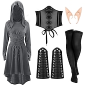 baratos Conjuntos-Retro Vintage Punk e gótico Medieval Vestidos Corpete Roupa Viking Ranger Elfo Tiro com arco Mulheres Viking Fantasia Dia Das Bruxas Carnaval Festa Casual / Diário LARP Adulto Vestido Cinto Meias