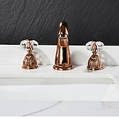 cheap Multi Holes-Widespread Bathroom Sink Mixer Faucet, 3 Holes 2 Handle Basin Tap, Retro Style Crystal Handle Brass Bathroom Sink Faucet Contain with Supply Lines and Hot Cold Water Hose Deck Mounted