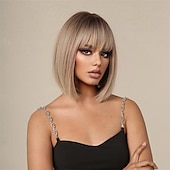 baratos Perucas Sintéticas sem Touca-Prreey bob peruca de cabelo humano feminino peruca loira curta reta 14 polegadas com aba ajustável chá marrom cor natural peruca bob com franja para diariamente (marrom claro)