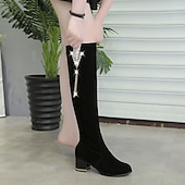abordables Bottes à la mode-bottes hautes en faux daim noir pour femmes avec décoration à pompons en strass et talons épais – bottes de mode élégantes pour l&#039;automne et l&#039;hiver
