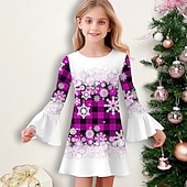  Meisjes 3D Ruitjes Sneeuwvlok  Sneeuwvlokjurk Jurk met ruches Lange mouw 3D-afdrukken Herfst Winter Vakantie Sport & Outdoor Dagelijks leuke Style Casual Mooi Kinderen 3-12 jaar Casual jurk A lijn