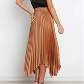 preiswerte Schlichte Röcke-Damen Rock Schaukel Langer Rock Elegant Modisch Maxi Hoher Taillenbund Röcke Einfarbig Gefaltet Asymmetrischer Saum Party Strasse Schwarz Weiß Wein Dunkelgrün Frühling Sommer Satin