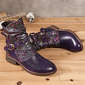 voordelige Enkel laarzen-Vintage leren enkellaarsjes met bloemenreliëf voor dames – stijlvol bordeauxrood gespbandontwerp voor casual herfst- en winterkleding