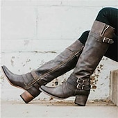 olcso Cowboy és nyugati csizma-női barna, térdig érő csizma csatos pántokkal és alacsony tömbsarkúval – tökéletes a vintage és hétköznapi stílusokhoz