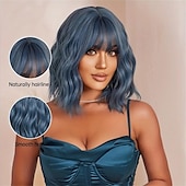 economico Parrucche trendy sintetiche-parrucche di capelli ricci ondulati corti blu con frangia parrucche di capelli in fibra sintetica da 14 pollici per le donne parrucche di capelli eleganti per la festa quotidiana cosplay uso di