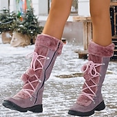 baratos Botas de neve e inverno-botas de inverno femininas de pele sintética preta com cadarços de pompom - isolamento quente, design na altura do joelho, solas antiderrapantes para clima frio e dias de neve