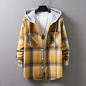 cheap Men&#039;s  Overshirts-Men&#039;s Shirt Casual Shirt Plaid Shirt Button Up Shirt Overshirt Plaid / Check Outdoor Daily Wear Yellow Blue Orange Green Long Sleeve Hooded Fall &amp; Winter Clothing Apparel Front Pocket