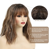 economico Parrucche trendy sintetiche-parrucche a caschetto castano corto con frangia parrucche bionde miste castane di media lunghezza per donne parrucche sintetiche ricci ondulate con riflessi