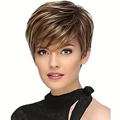 abordables perruque plus âgée-Perruques courtes coupe lutin pour femmes, coupes de cheveux courtes, perruque synthétique à reflets mixtes avec frange