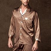abordables Pyjamas-Homme Vêtements de Nuit Haut de pyjama et pantalon Pyjama en soie 2 Pièces Impressions Graphiques Simple Confort Maison Quotidien Fausse soie Respirant Revers manche longue Pantalon Avec Poches Ét