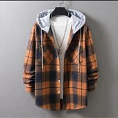 cheap Men&#039;s  Overshirts-Men&#039;s Shirt Casual Shirt Plaid Shirt Button Up Shirt Overshirt Plaid / Check Outdoor Daily Wear Yellow Blue Orange Green Long Sleeve Hooded Fall &amp; Winter Clothing Apparel Front Pocket