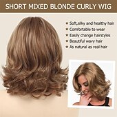 economico parrucca più vecchia-parrucche corte ricce bionde per le donne bianche parrucche bob bionde miste marroni con riflessi parte laterale parrucche sintetiche naturali per capelli da donna corte
