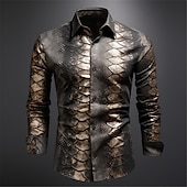 economico Stampa animal-Per uomo Serpente metallico Camicia Camicia con bottoni Manica lunga Astratto Da tutti i giorni Per uscire Autunno inverno Collo ripiegabile Stampa Bottone giù Nero Oro Marrone Cachi