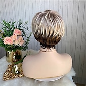 cheap Older Wigs-Curly Ombre Blonde Pixie Cut Wigs for White Women,Layered Wig Brown to Blonde Gradient Short Pixie Bob Cut Wig with Bangs Short Cute Wig for Women Highlight Wig(Ombre Brown to Blonde)