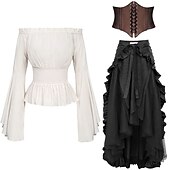 cheap Outfits-Sets with Off Shoulder Blouse Skirt Underbust Corset 3 PCS Women&#039;s Gothic Medieval Steampunk Renaissance Retro Vintage Pirate Viking Outfits Casual Daily LARP Costumes