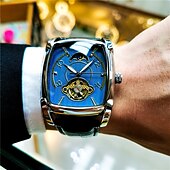 halpa Mekaaniset kellot-Miehet Mekaaninen kello Luova Muoti Liiketoiminta Rannekello Automaattinen itsevetävä Kuun vaiheen näyttö Loistava VEDENPITÄVÄ Nahka Katsella