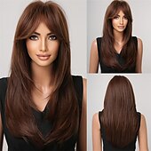economico Parrucche trendy sintetiche-evidenzia parrucca bionda marrone con frangia parrucche diritte naturali di media lunghezza per donne parrucche sintetiche in fibra resistente al calore per cosplay quotidiano