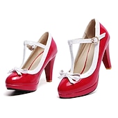 お買い得  プラットフォームパンプス-女性用ブラックパテントレザーTストラップハイヒール、ホワイトトリムと蝶結びの装飾付き - 特別な機会にぴったりのクラシックなレトロスタイル