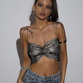cheap Sexy Costumes-Metallic Sparkle Sexy Crop Tank Top Sheer Mesh Rhinestone Cover Up Disco Solid Color Deep V Women&#039;s Carnival Party Club Adults&#039; Tank Top