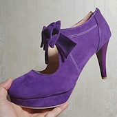お買い得  プラットフォームヒール-レディースの赤いリボンハイヒールパンプス - パーティー、結婚式、休日の装いにぴったりのヴィンテージスエードプラットフォームシューズ