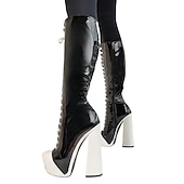 cheap Fashion Boots-Women&#039;s Black and White Platform Knee-High Boots - Retro Lace-Up High Heels for Cosplay and Themed Events