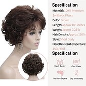 abordables perruque plus âgée-Perruque ondulée courte bouclée marron foncé avec frange de cheveux 100 % importée de qualité supérieure - Perruques de cheveux marron synthétiques pour femme (marron)