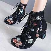 abordables Chaussures de danses latines-chaussures de danse à lacets à fleurs noires pour femmes – talon bas confortable, parfait pour la danse latine, de salon et sociale