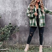 cheap Sherpa Jackets-Women&#039;s Shirt Blouse Fashion Plaid Buttons Pocket Print Long Sleeve Regular Tops Shirt Collar Casual Black Red Green Khaki Spring &amp;  Fall
