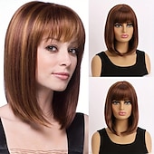 baratos peruca mais velha-peruca bob marrom com franja, curta reta com cabelo loiro com mechas micro cachos, peruca sintética na altura dos ombros, peruca sintética resistente ao calor para mulheres meninas uso diário de 16