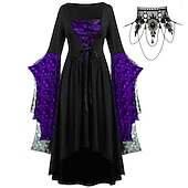 abordables Conjuntos-Conjuntos con vestido medieval con mangas acampanadas de encaje tatuaje gargantilla collar 2 piezas retro vintage punk estilo gótico brujas trajes mujer cosplay disfraz carnaval fiesta casual diario