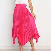 preiswerte Schlichte Röcke-Damen Rock Schaukel Langer Rock Elegant Modisch Maxi Hoher Taillenbund Röcke Einfarbig Gefaltet Asymmetrischer Saum Party Strasse Schwarz Weiß Wein Dunkelgrün Frühling Sommer Satin