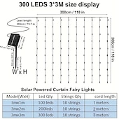 abordables Guirlandes solaires-Guirlande lumineuse de rideau solaire extérieur, 3 * 3 m-300 LED/3 * 2 m-200 LED/3 * 1 m-100 LED, 8 modes d&#039;éclairage, étanche IP65, convient pour le jardin, le porche, les fêtes de mariage dans le jardin, Noël de Thanksgiving.