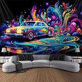 cheap Blacklight Tapestries-Blacklight Tapestry UV Reactive Glow in the Dark Vintage Car Trippy Misty Nature Landscape Hanging Tapestry Wall Art Mural for Living Room Bedroom
