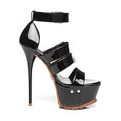 economico Sandali con Piattaforma-sandali con tacco a spillo in vernice nera da donna – sandali sexy con tacco alto e cinturini regolabili con fibbia per feste e occasioni speciali