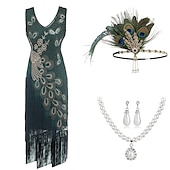 baratos Conjuntos-Retro Vintage Loucos anos 20 Anos 20 Vestido melindroso Roupa Conjunto de acessórios O Grande Gatsby Convidado do casamento Paetês Franjas Lantejoula Franjas Decote V Mulheres Dia Das Bruxas Carnaval