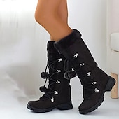 baratos Botas de neve e inverno-botas de inverno femininas de pele sintética preta com cadarços de pompom - isolamento quente, design na altura do joelho, solas antiderrapantes para clima frio e dias de neve
