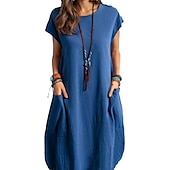 abordables concevoir des robes en coton et lin-Femmes Noir Blanche bleu marine Été Printemps Robe Midi Robes inspirées du lin Robe Décontractée Robe fourreau Classique Occasionnel Extérieur Vacances Quotidien Coupe régulière Couleur Unie Col ras