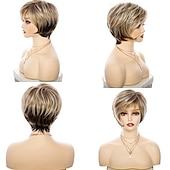 cheap Older Wigs-Curly Ombre Blonde Pixie Cut Wigs for White Women,Layered Wig Brown to Blonde Gradient Short Pixie Bob Cut Wig with Bangs Short Cute Wig for Women Highlight Wig(Ombre Brown to Blonde)